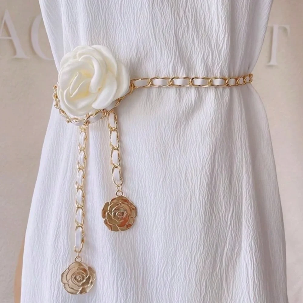 Classic Vegan Leather Gold Tone Chain Flower Belt